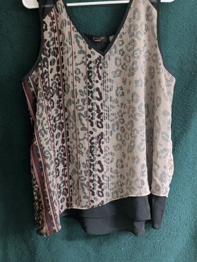 FYLO Beige and Black Printed Layered V-Neck Camisole with Burgundy Accents